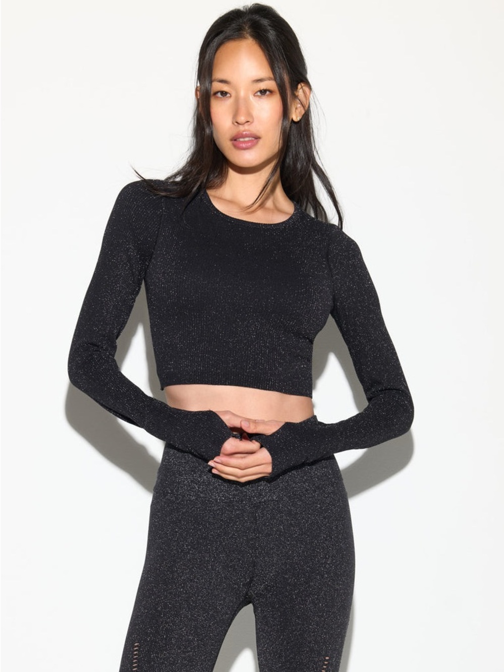 Spiritual Gangster Women’s Black Sparkle Long-Sleeve Crop Top